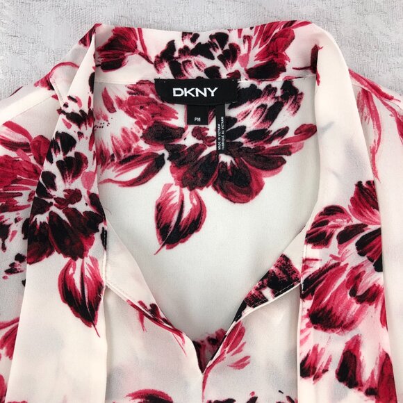 DKNY Floral Cream & Pink Long Sleeve Sheer Bow Tie Front Pullover Blouse Size PM - Picture 4 of 13